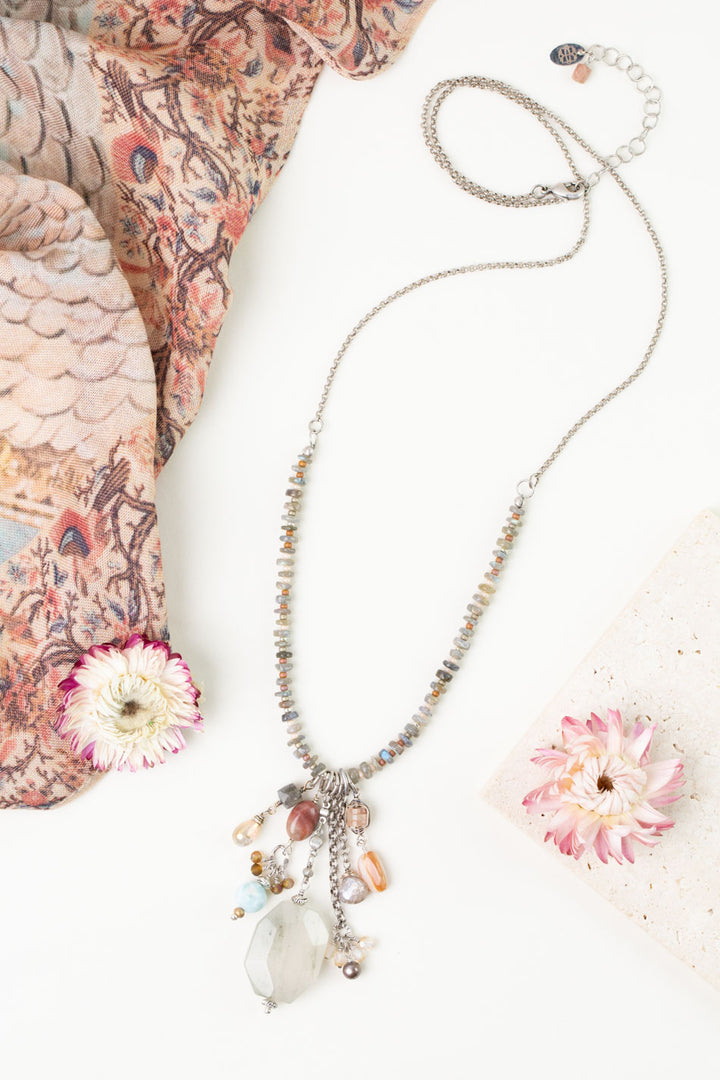 Namaste 26.5-28.5" Labradorite, Larimar, Jasper with Faceted Quartz Tassel Necklace