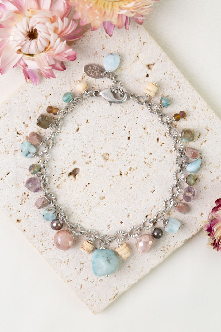 Namaste 7.5-8.5" Freshwater Pearl, Larimar, Moonstone Statement Bracelet