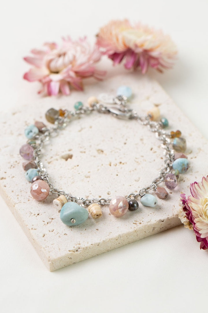 Namaste 7.5-8.5" Freshwater Pearl, Larimar, Moonstone Statement Bracelet