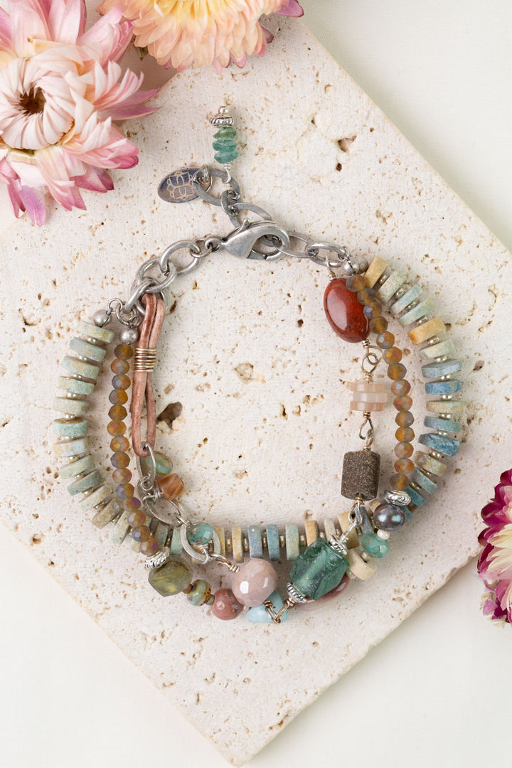 Namaste 7.5-8.5" Jasper, Moonstone, Roman Glass Multistrand Bracelet