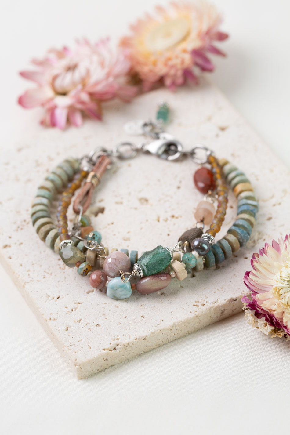 Namaste 7.5-8.5" Jasper, Moonstone, Roman Glass Multistrand Bracelet