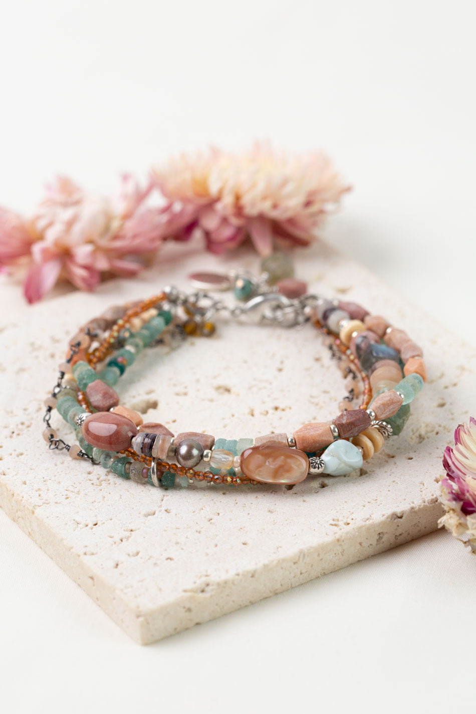 Namaste 7.5-8.5" Jasper, Roman Glass, Labradorite Multistrand Bracelet