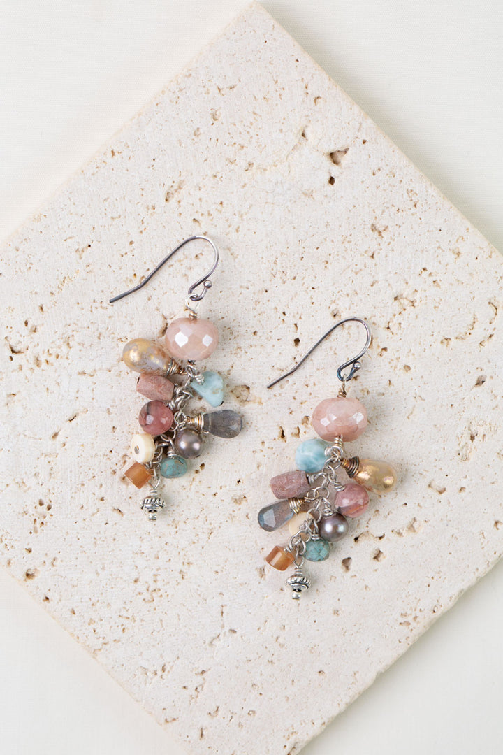 Namaste Labradorite, Peach Moonstone, Freshwater Pearl Cluster Earrings