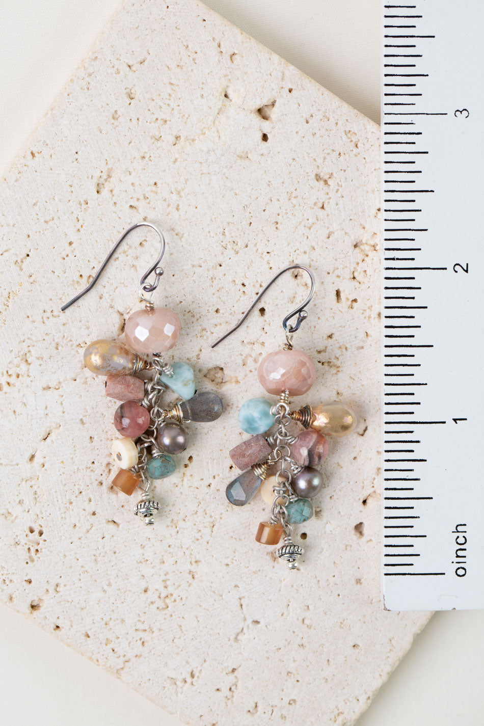 Namaste Labradorite, Peach Moonstone, Freshwater Pearl Cluster Earrings