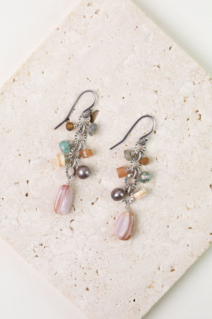 Namaste Czech Glass, Pink Abalone, Freshwater Pearl Cluster Earrings