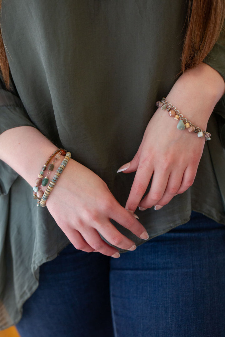 Namaste 7.5-8.5" Freshwater Pearl, Larimar, Moonstone Statement Bracelet