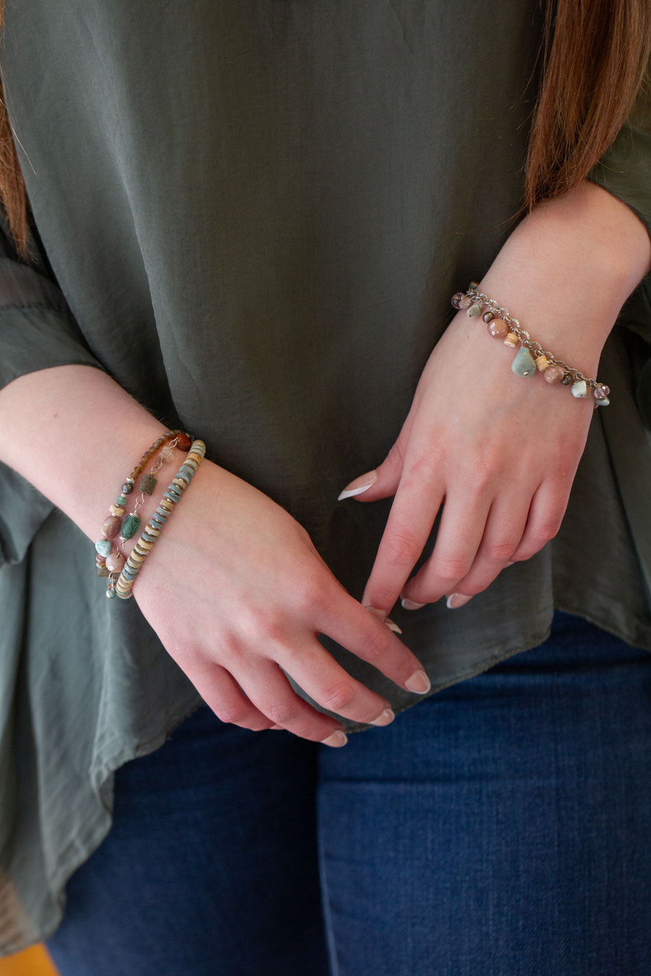Namaste 7.5-8.5" Jasper, Moonstone, Roman Glass Multistrand Bracelet