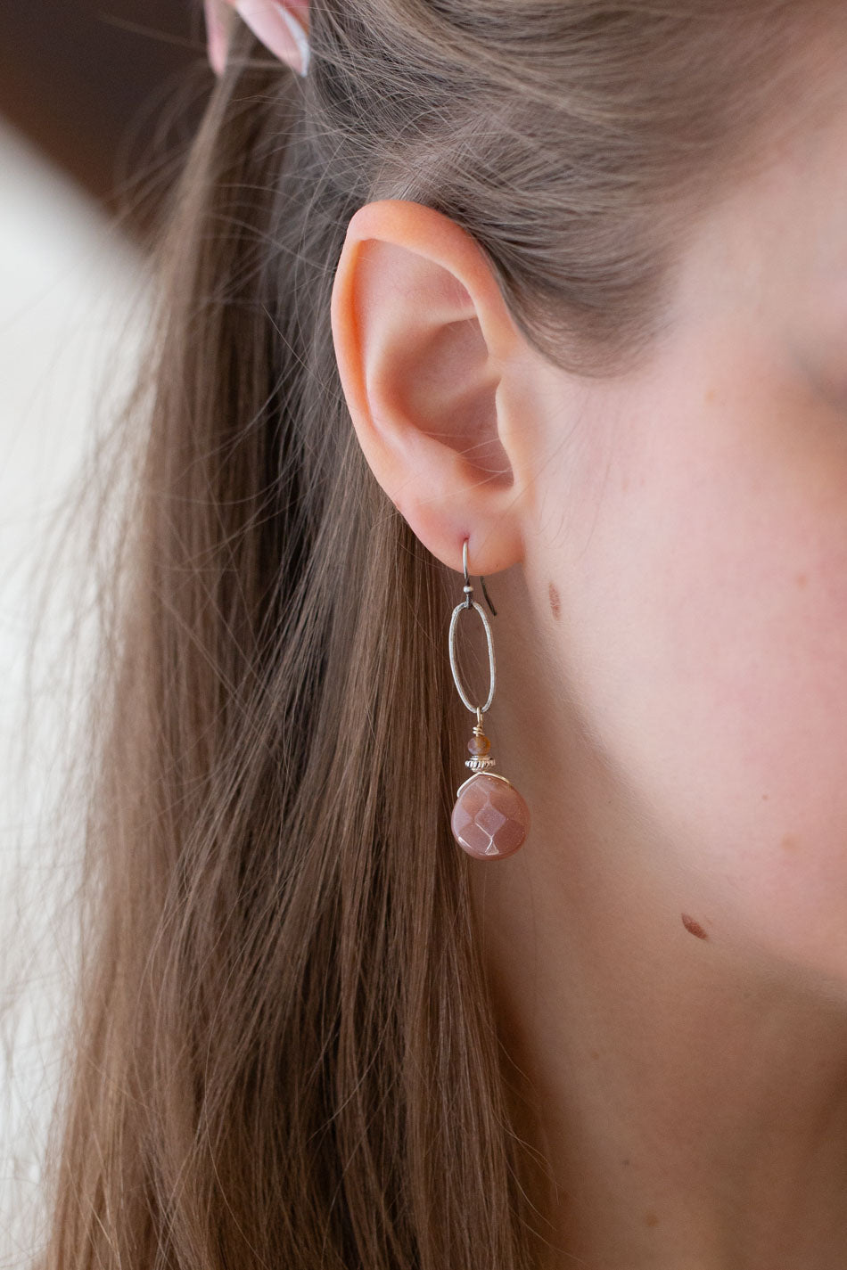 Namaste Crystal, Peach Moonstone Dangle Earrings