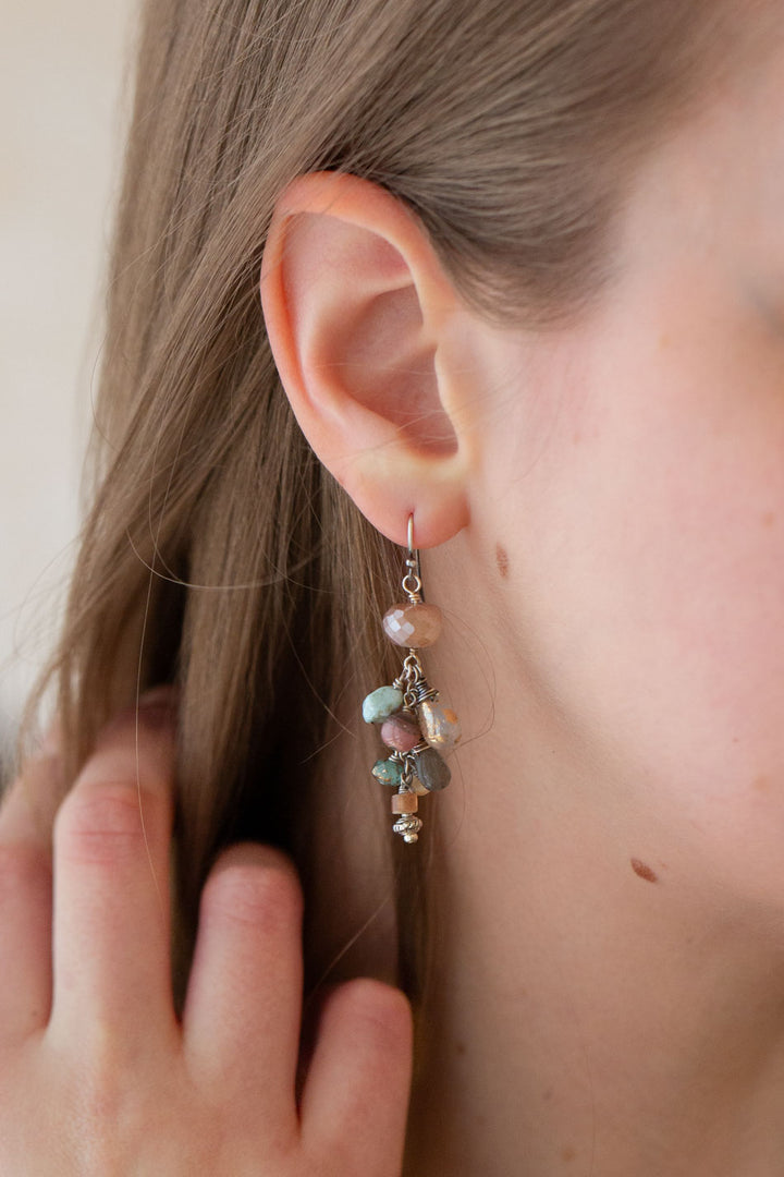 Namaste Labradorite, Peach Moonstone, Freshwater Pearl Cluster Earrings