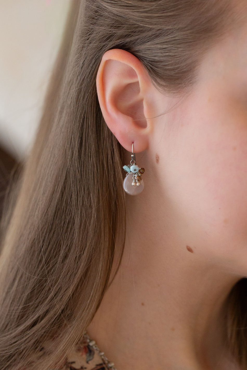 Namaste Larimar, Moonstone, Crystal Cluster Earrings