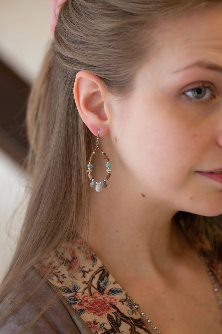 Namaste Labradorite, Czech Glass, Crystal Hoop Earrings