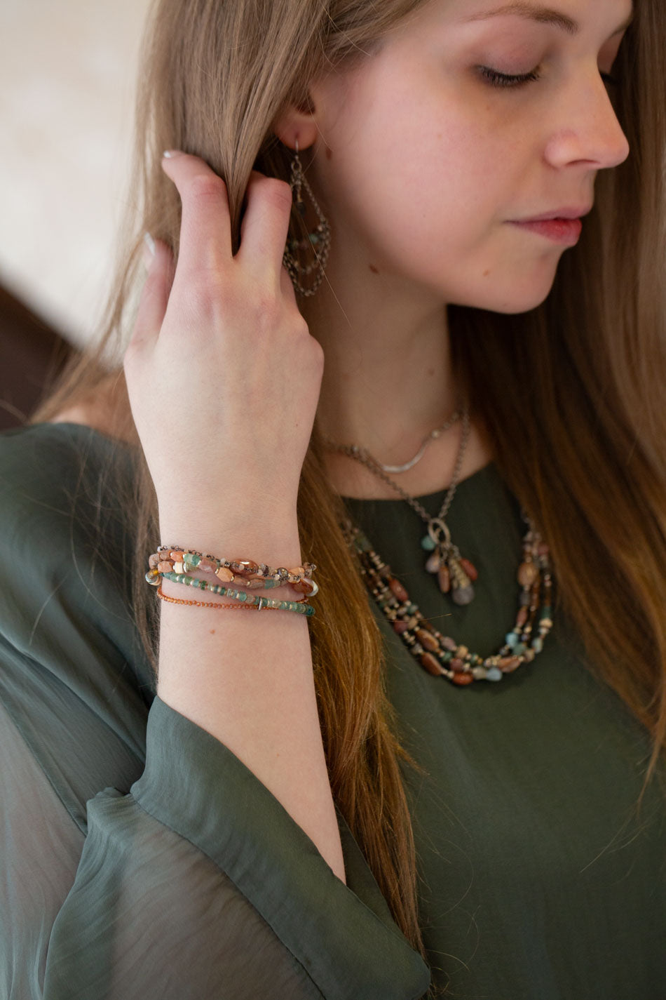 Namaste 7.5-8.5" Jasper, Roman Glass, Labradorite Multistrand Bracelet