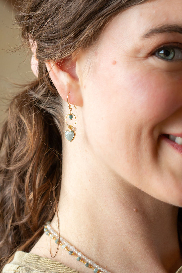 Ocean Waves Chalcedony, Blue Tourmaline, Aquamarine Heart Dangle Earrings