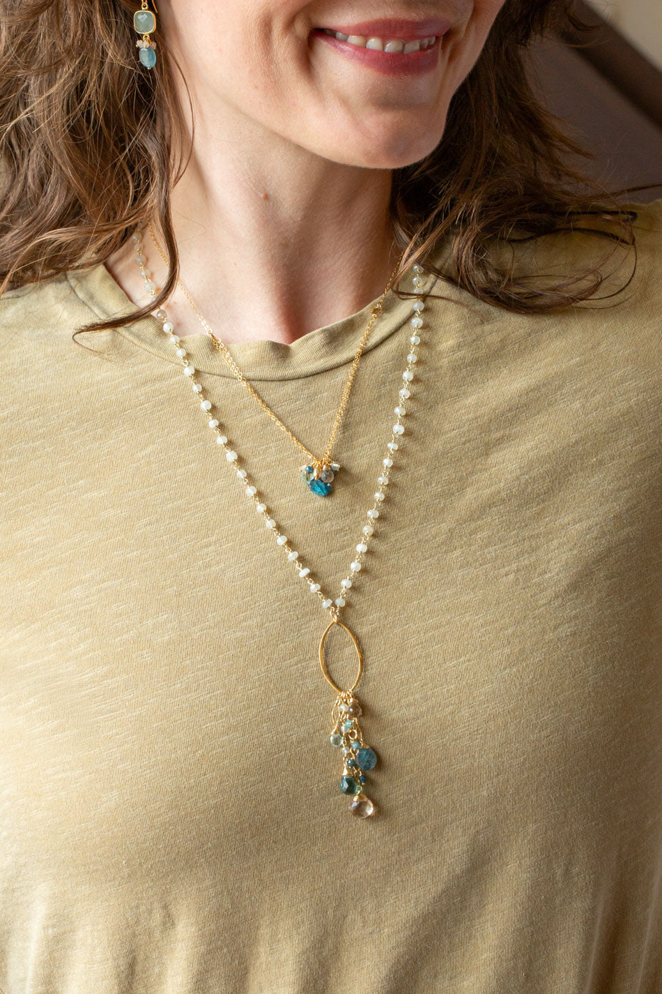 Ocean Waves 21-23" Smokey Quartz, Chalcedony, Kyanite Cluster Necklace