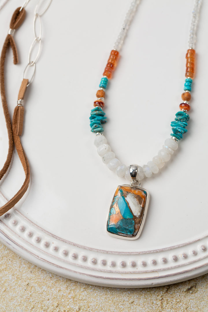 One Of A Kind Adjustable Spiny Oyster And Turquoise Mosaic Statement Necklace