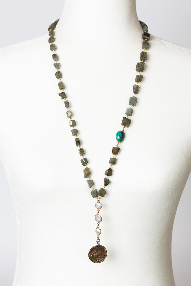 One Of A Kind 29-31" Labradorite, Freshwater Pearl With Vintage Coin Statement Necklace