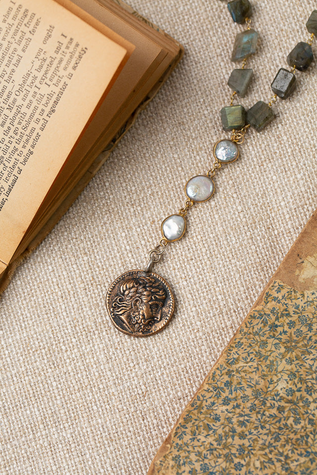 One Of A Kind 29-31" Labradorite, Freshwater Pearl With Vintage Coin Statement Necklace