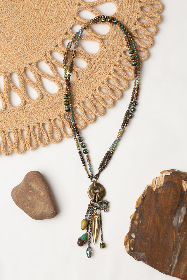 One Of A Kind 17.5 or 35" Roman Glass, Crystal with Olive Jade Tassel Necklace