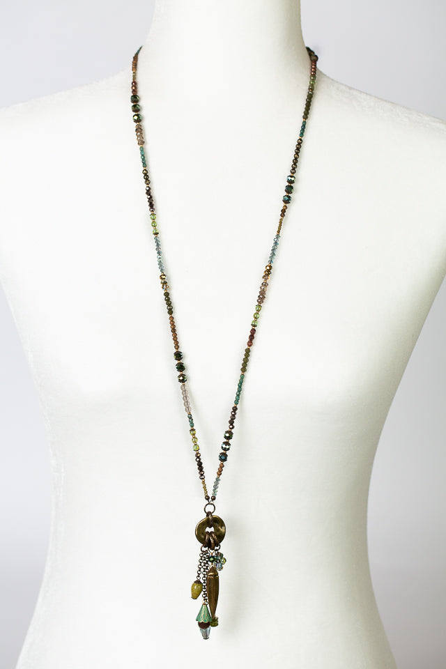 One Of A Kind 17.5 or 35" Roman Glass, Crystal with Olive Jade Tassel Necklace