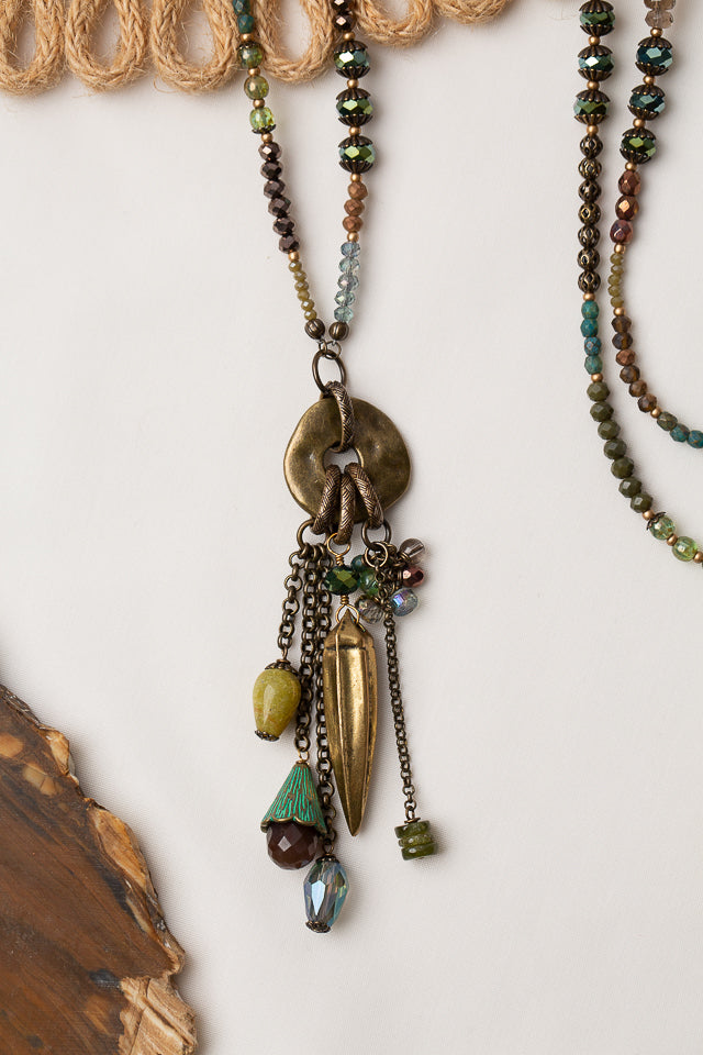 One Of A Kind 17.5 or 35" Roman Glass, Crystal with Olive Jade Tassel Necklace