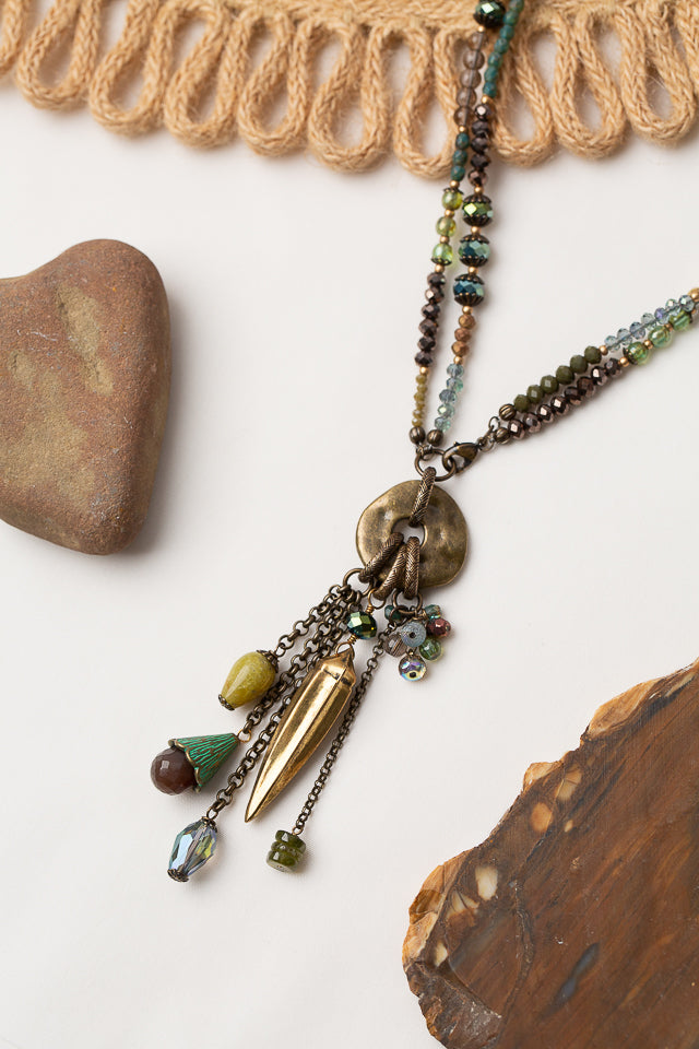 One Of A Kind 17.5 or 35" Roman Glass, Crystal with Olive Jade Tassel Necklace