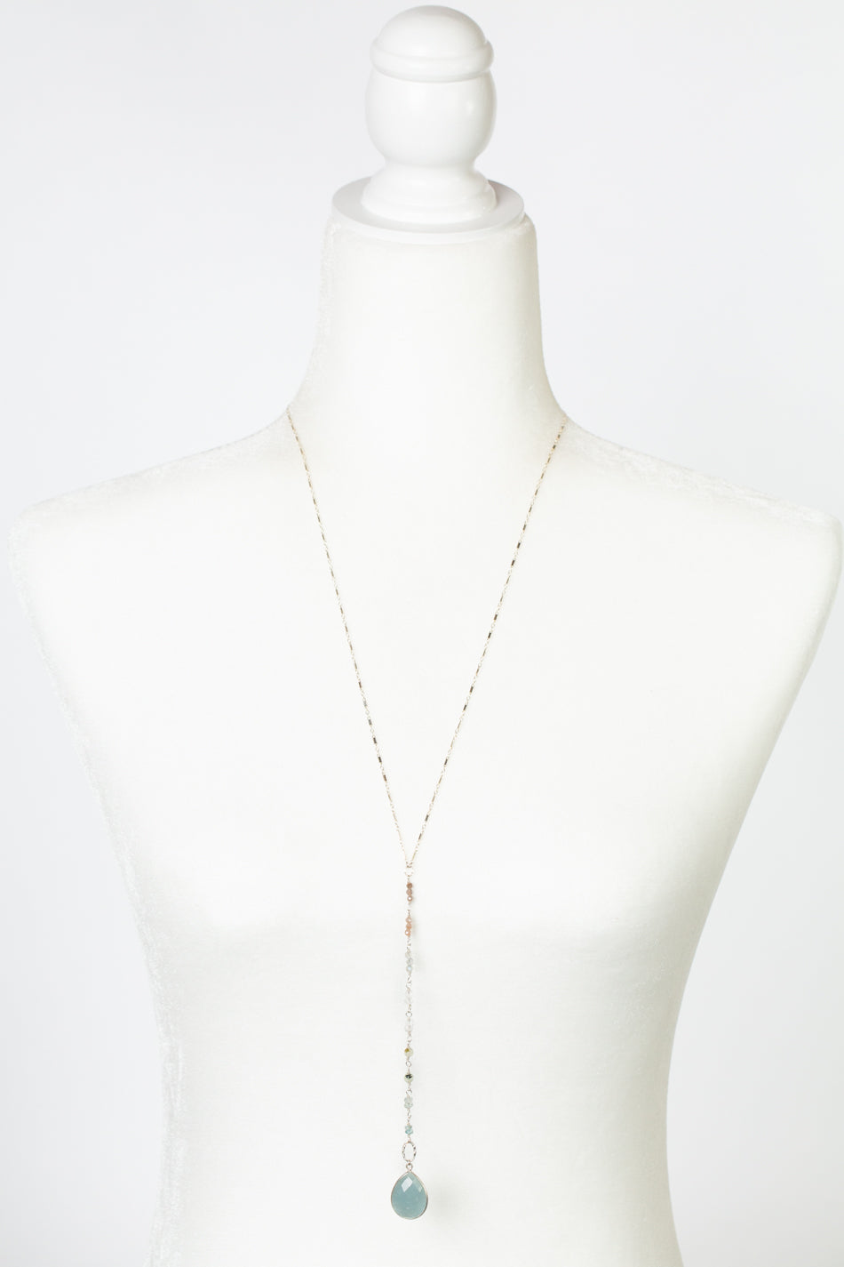 One Of A Kind 24.5-26.5" Zircon, Moonstone With Aquamarine Tassel Necklace