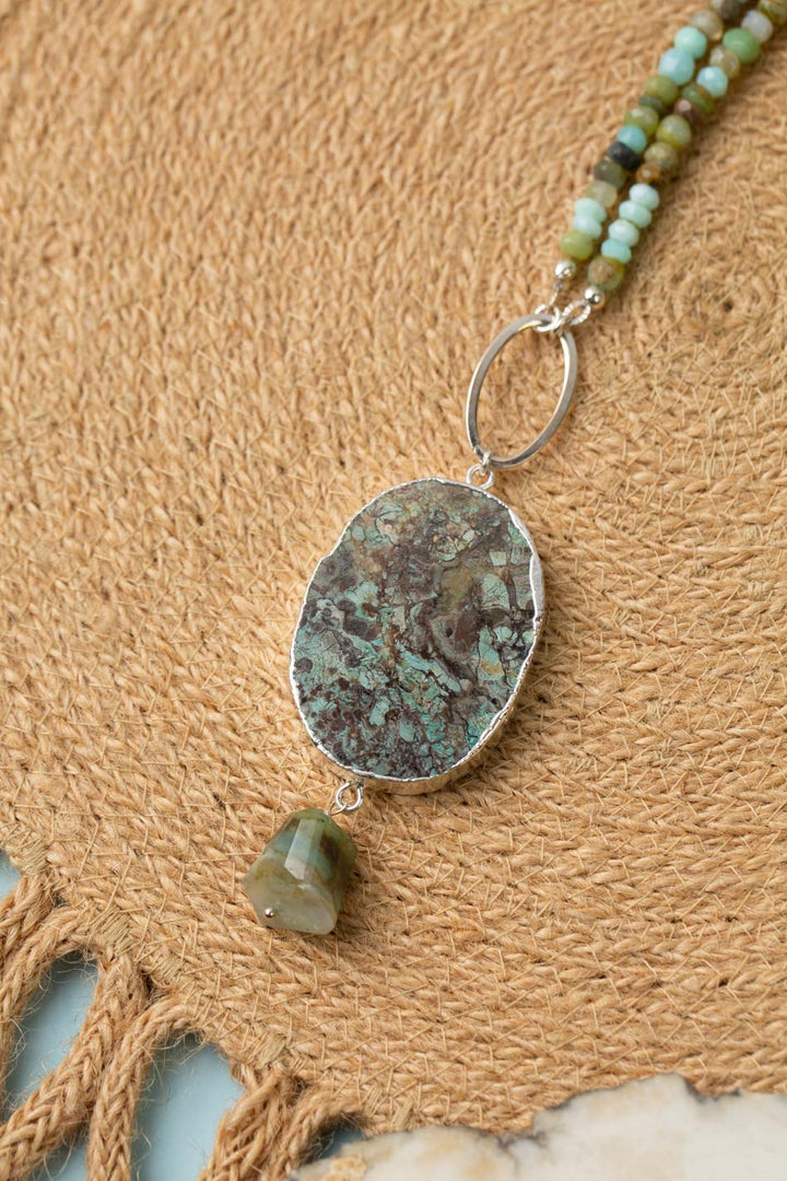 One Of A Kind 30.5-32.5" Peruvian Opal, Abalone With Mushroom Jasper Statement Necklace