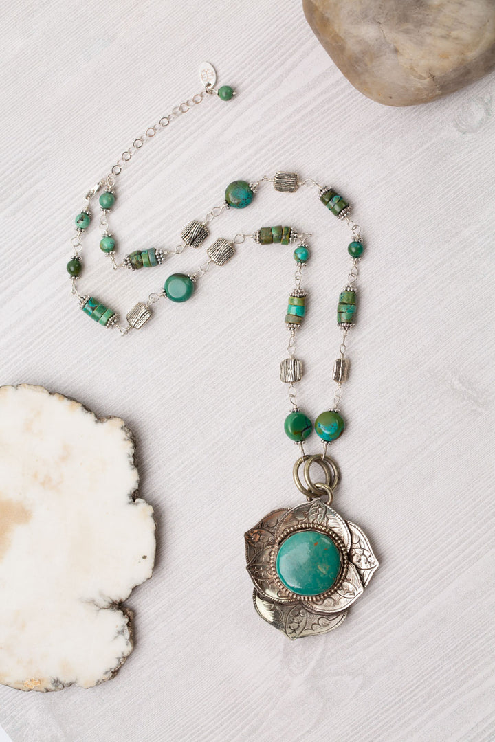 One Of A Kind 20-22" Natural Turquoise With Tibetan Focal Statement Necklace