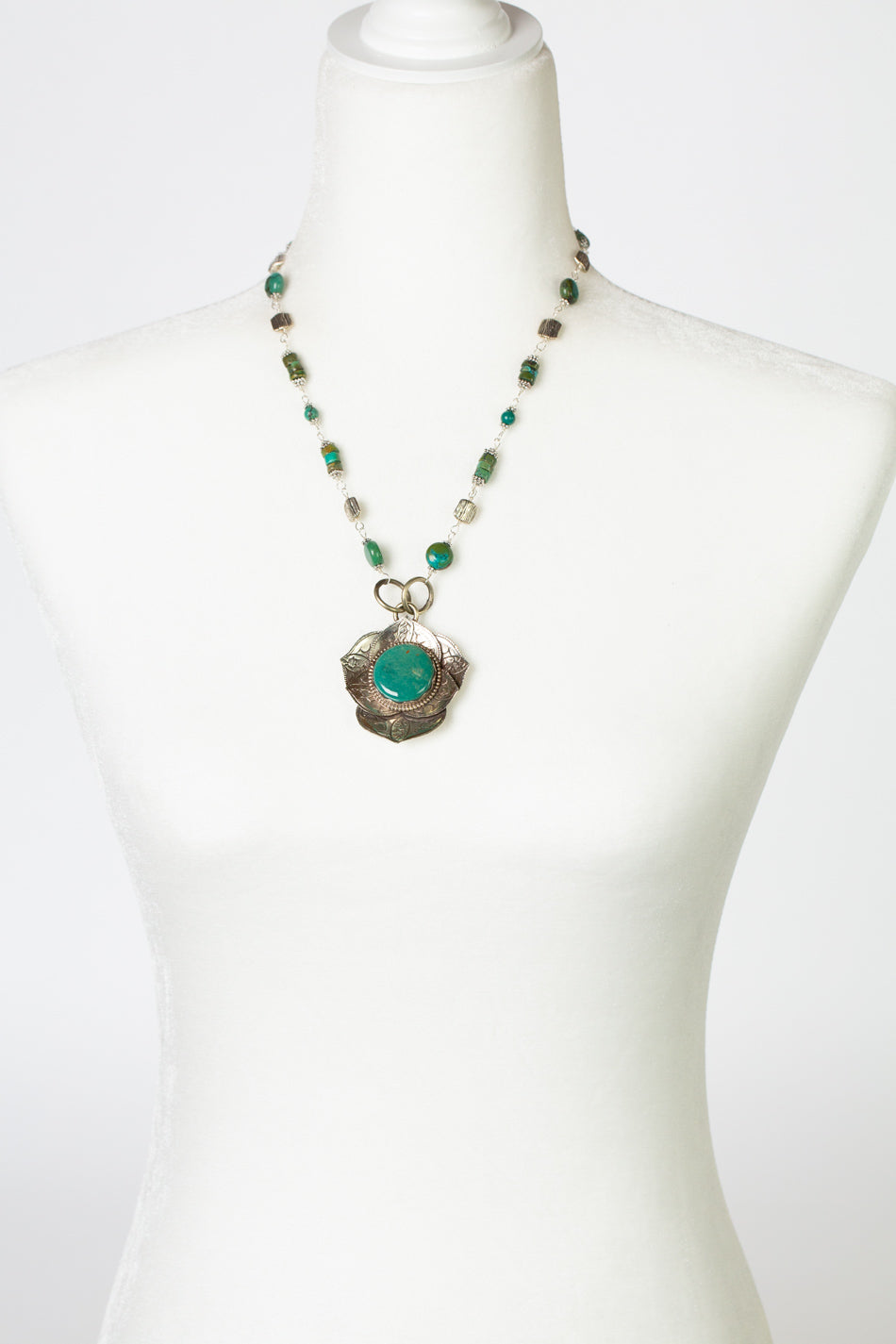 One Of A Kind 20-22" Natural Turquoise With Tibetan Focal Statement Necklace