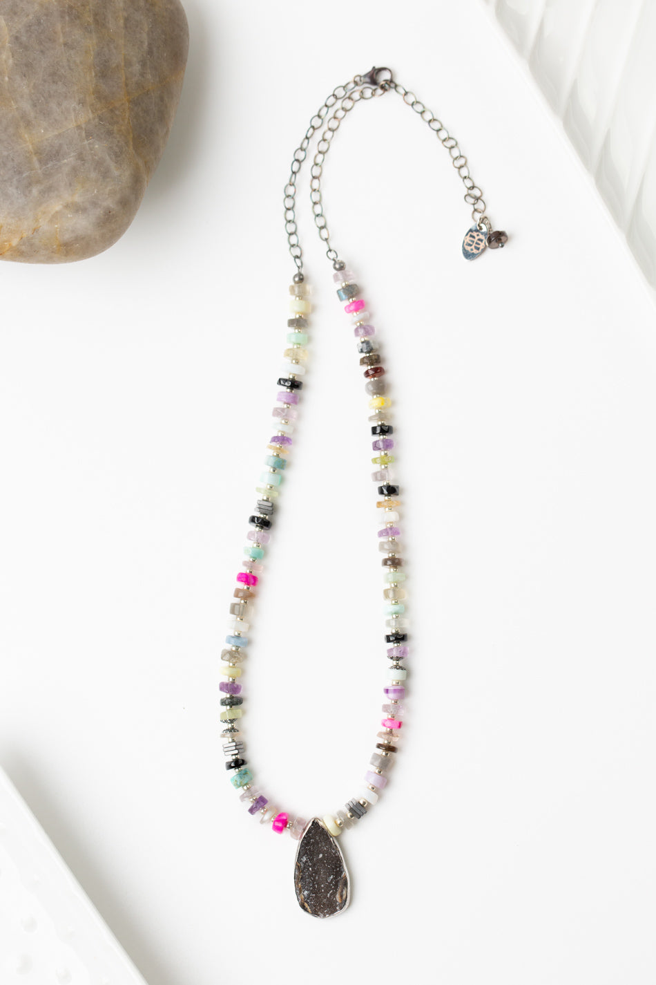 One Of A Kind 16-18" Mixed Gemstones With Druzy Collage Necklace