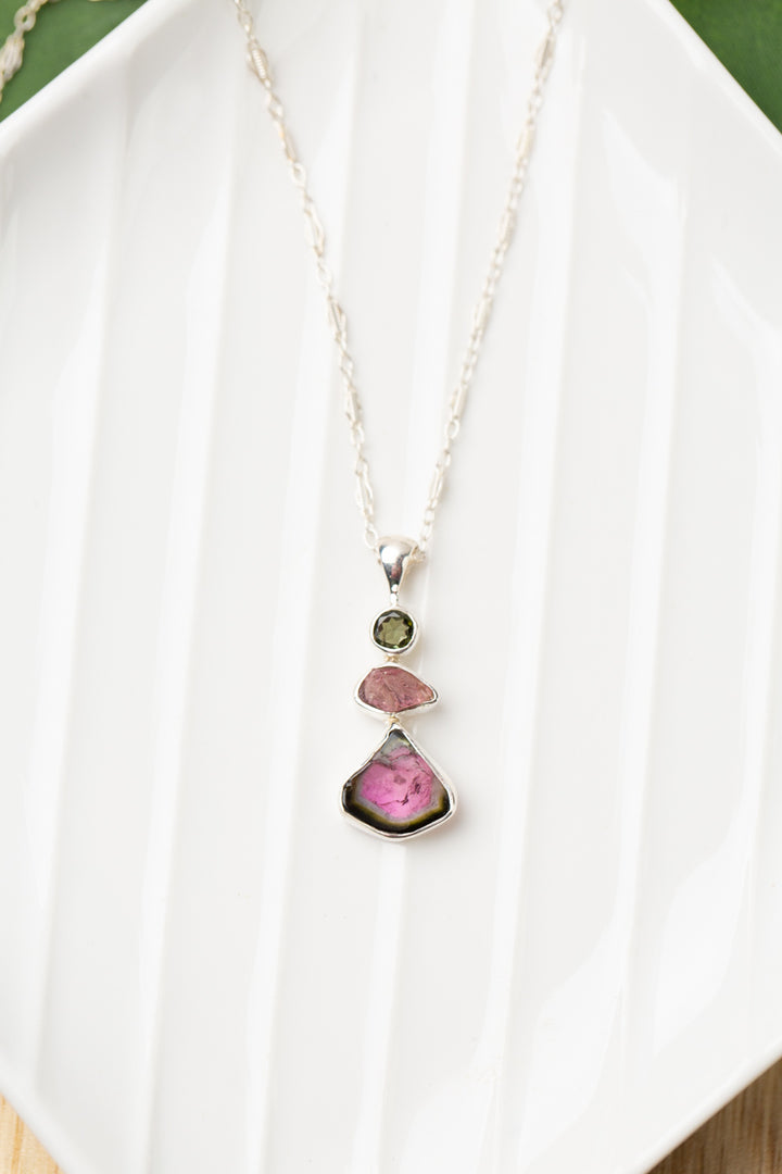 One Of A Kind 16.25-18.25" Watermelon Tourmaline Tiered Pendant Simple Necklace