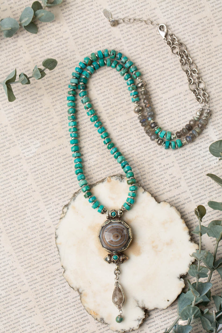 One Of A Kind 30-32" Turquoise With Tibetan Agate Focal Statement Necklace