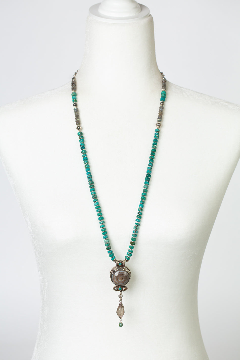 One Of A Kind 30-32" Turquoise With Tibetan Agate Focal Statement Necklace