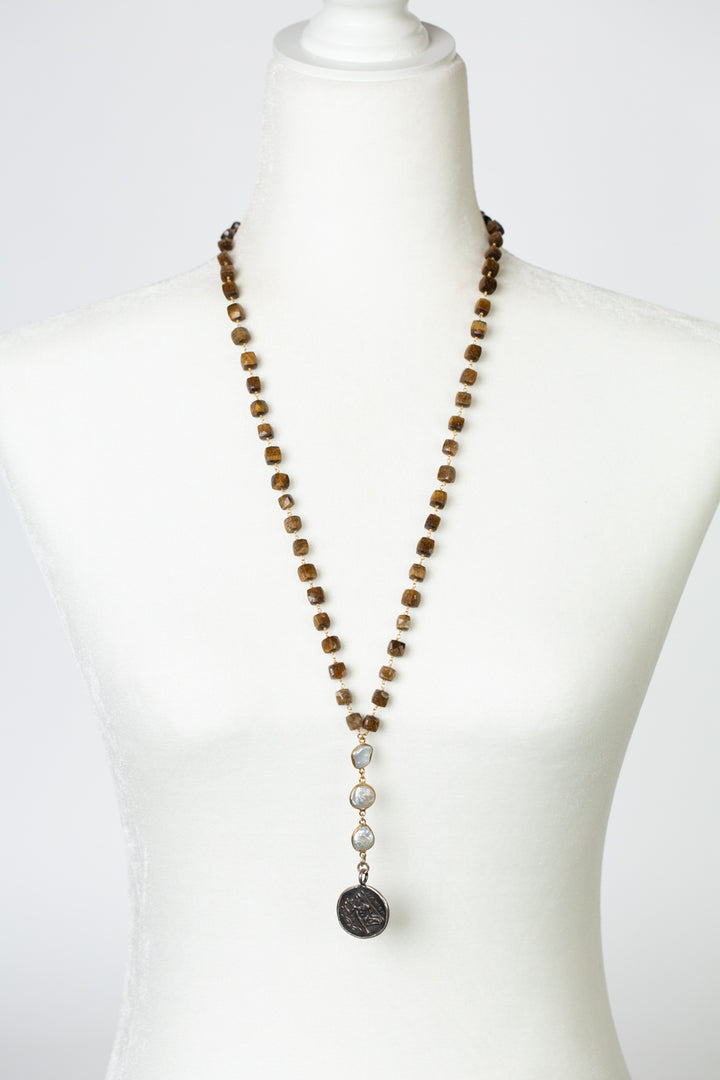 One Of A Kind 28-30" Freshwater Pearl, Cat's Eye With Vintage Coin Statement Necklace