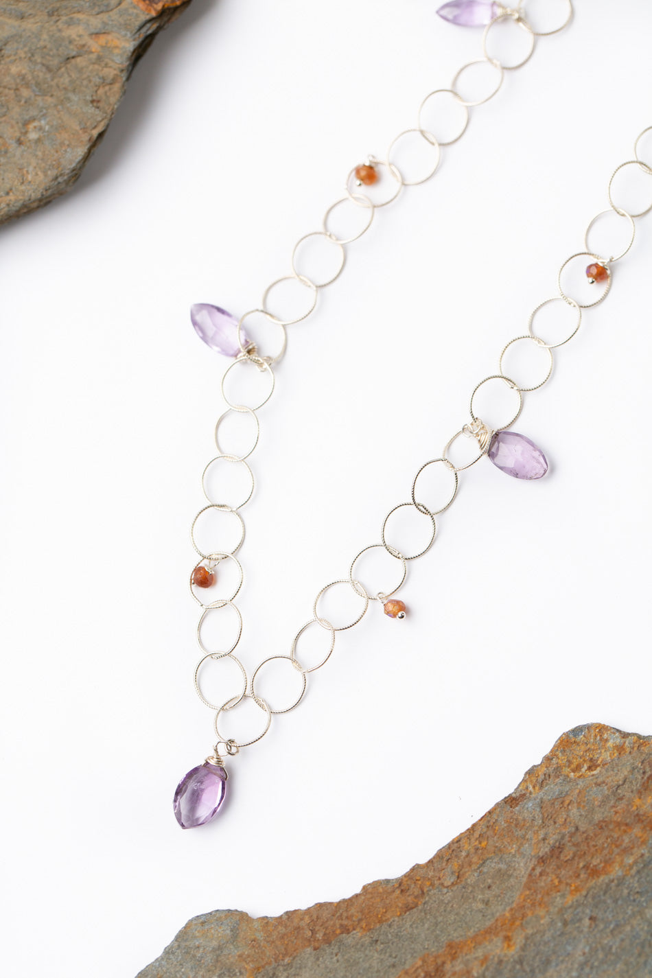 One Of A Kind 29.5-31.5" Hessonite Garnet With Amethyst Simple Necklace