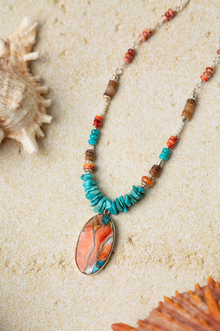 One Of A Kind 21.5-40.5" Turquoise, Shell With Spiny Oyster And Turquoise Mosaic Statement Necklace