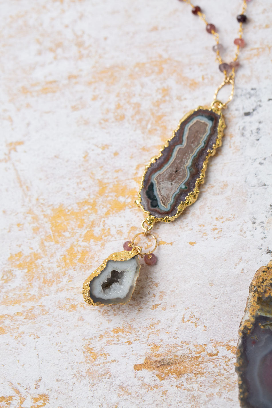 One Of A Kind 32.5-34.5" Spinel, Druzy With Mineral Slice Statement Necklace