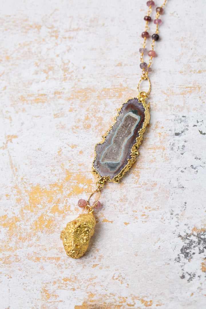 One Of A Kind 32.5-34.5" Spinel, Druzy With Mineral Slice Statement Necklace