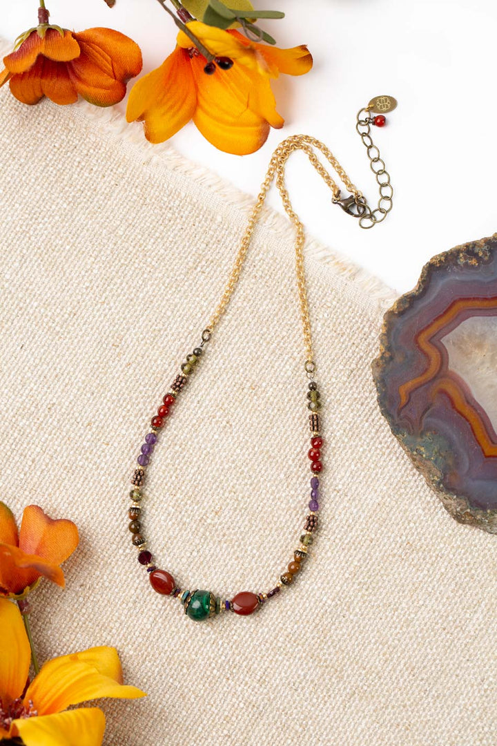 One Of A Kind 17.75-19.75" Amethyst, Czech Glass With Malachite Collage Necklace