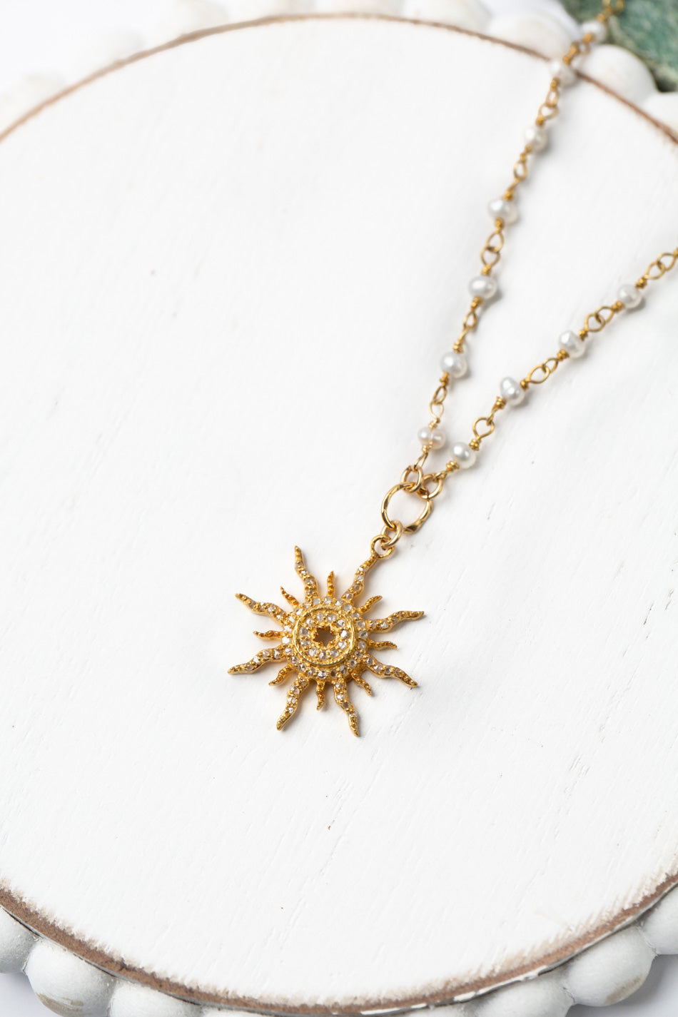 One Of A Kind 15.5-17.5" Vermeil Sun With Diamonds And Freshwater Pearl Simple Necklace