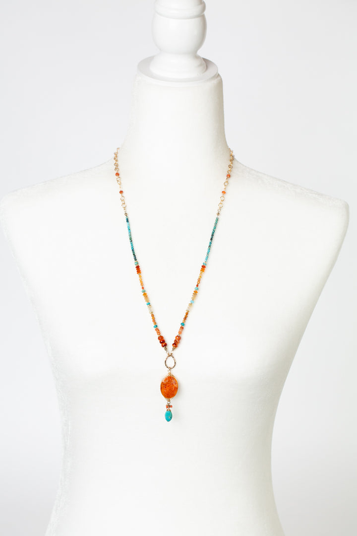 One Of A Kind 25-27" Turquoise, Fire Opal With Spiny Oyster Statement Necklace
