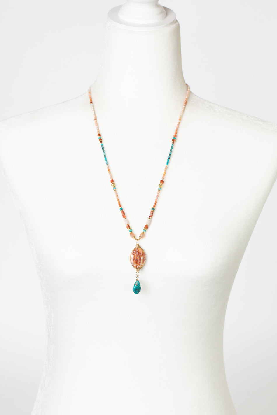 One Of A Kind 23.5-25.5" Turquoise, Fire Opal, Shell with Spiny Oyster Statement Necklace