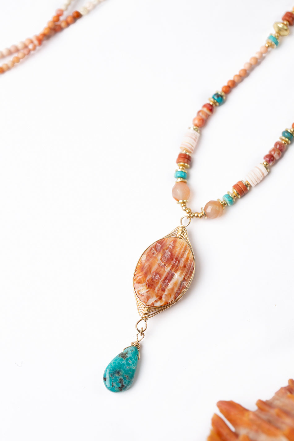 One Of A Kind 23.5-25.5" Turquoise, Fire Opal, Shell with Spiny Oyster Statement Necklace