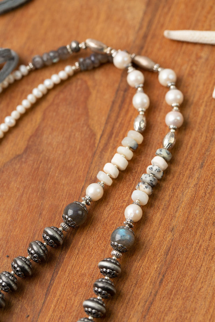 One Of A Kind Adjustable Dendritic Opal, Pearl With Tibetan Pearl Cactus Statement Necklace