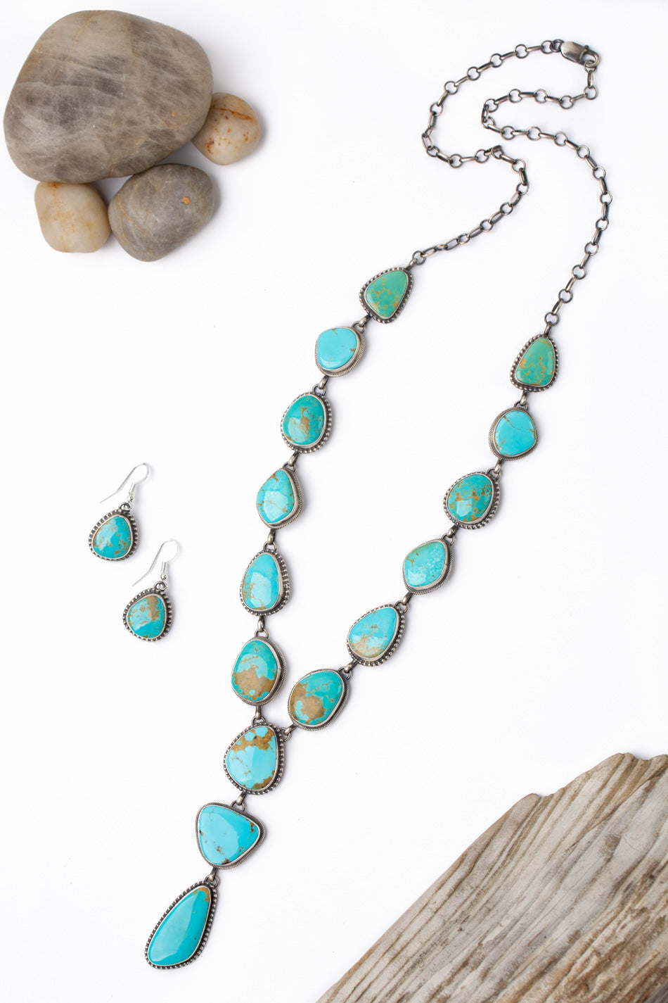 Lutricia Yellowhair Native American 28.5" Sonoran Turquoise Statement Necklace And Earring Set