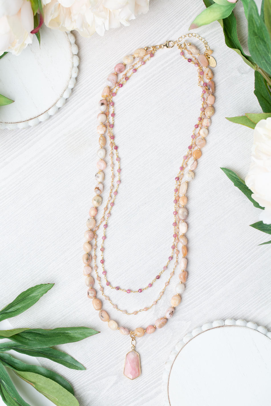 One Of A Kind 19.5-21.5" Moonstone, Pink Tourmaline With Pink Opal Multistrand Necklace