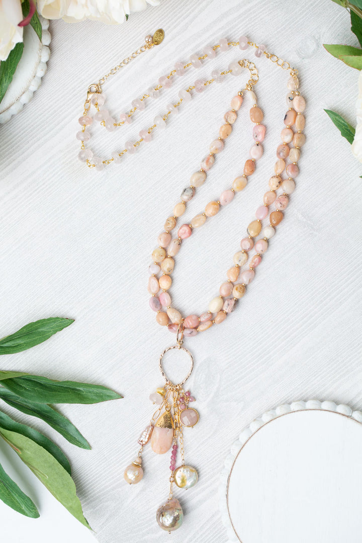 One Of A Kind 27-29" Rose Quartz, Moonstone, Freshwater Pearl With Pink Opal Multistrand Necklace