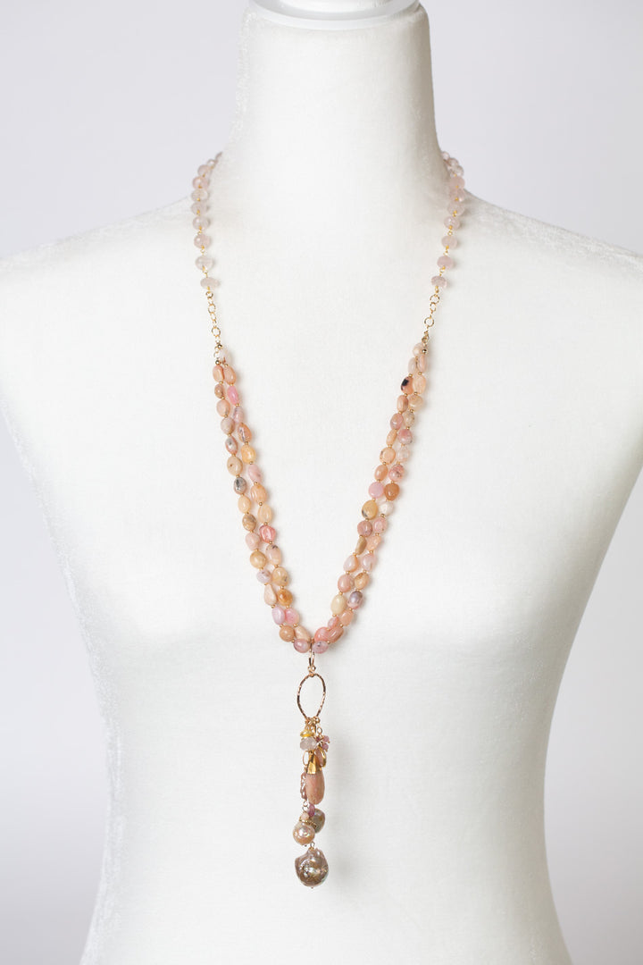 One Of A Kind 27-29" Rose Quartz, Moonstone, Freshwater Pearl With Pink Opal Multistrand Necklace