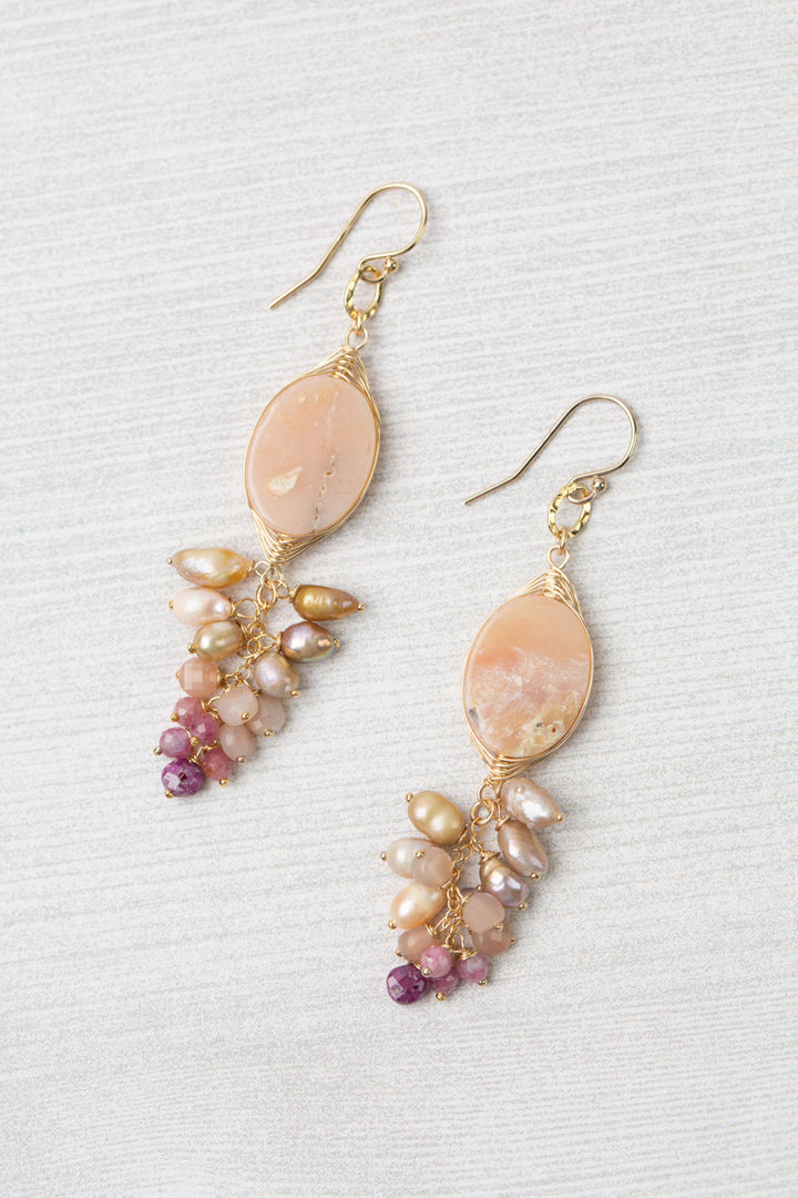 One Of A Kind Watermelon Tourmaline, Freshwater Pearl With Pink Opal Statement Earrings
