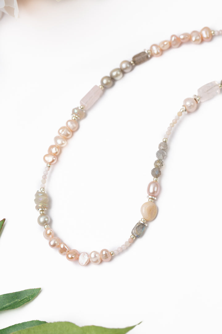 One Of A Kind 37" Freshwater Pearl, Labradorite, Pink Opal Collage Necklace